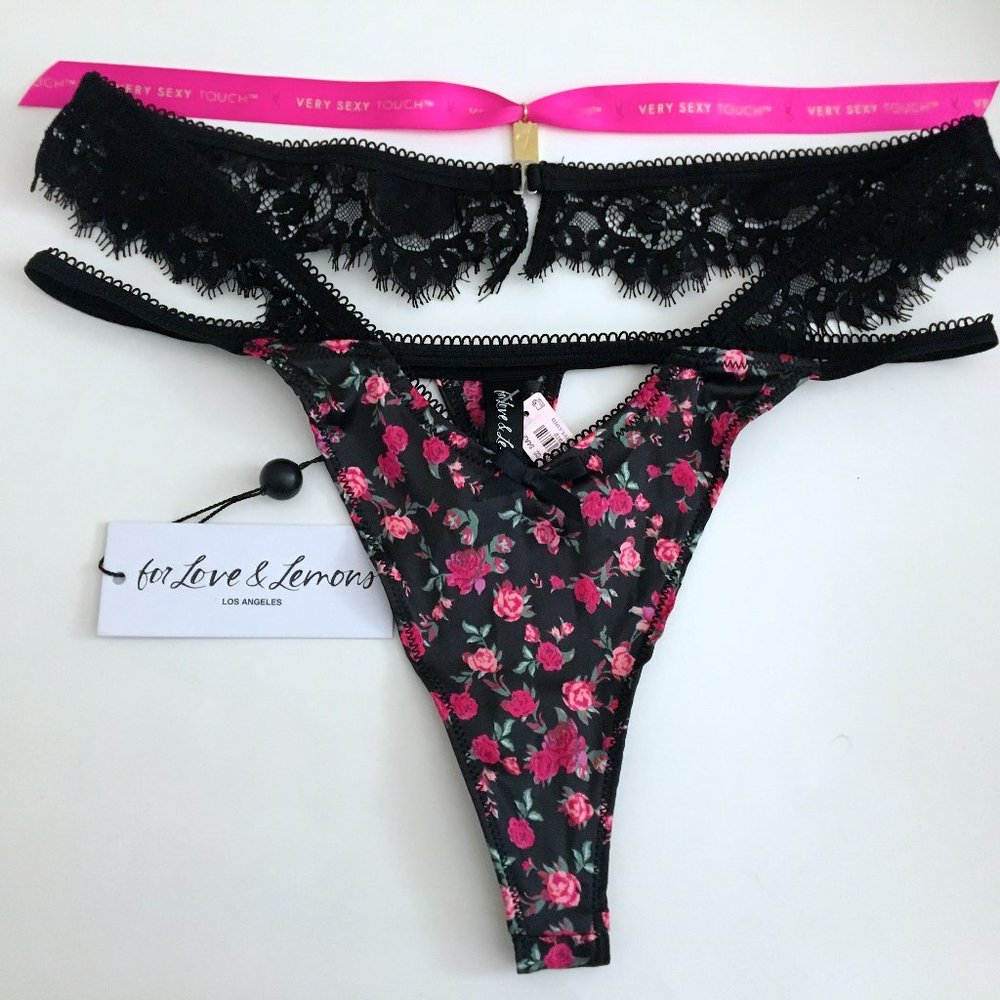 VS Love & Lemons Black Floral Strappy Melrose Thong NWT S